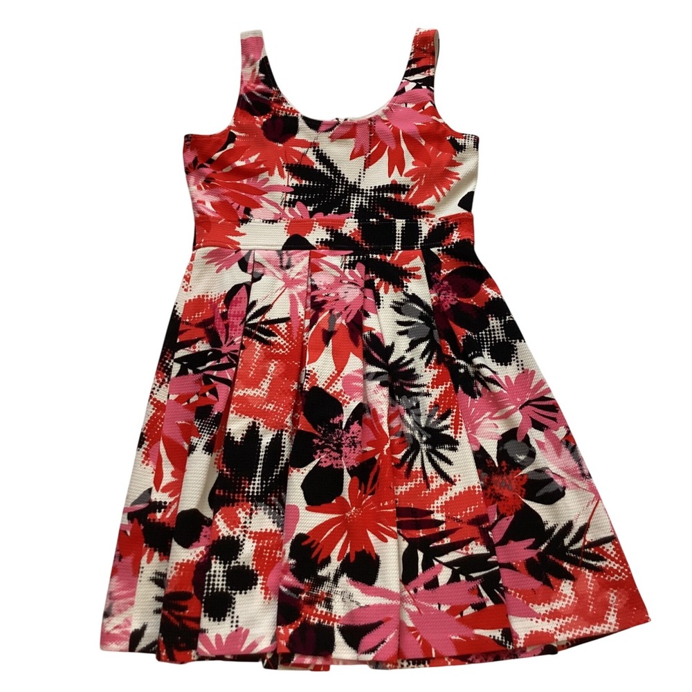 London Times Floral Fit and Flare Dress Sleeveless Red Black Pink White 12